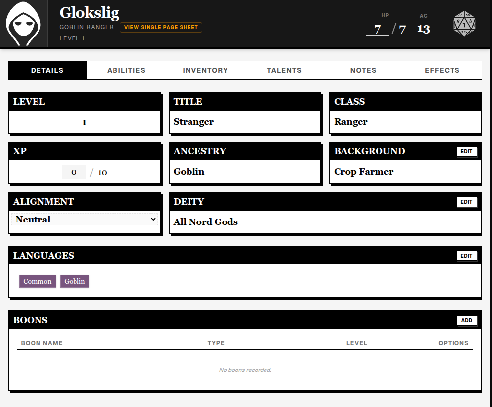 Shadowdark character sheet in SheetDelver